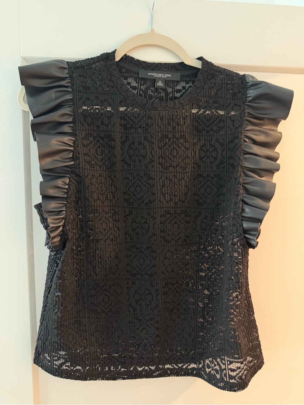 Marc New York Black Lace Top with Pleather Ruffle Sleeves